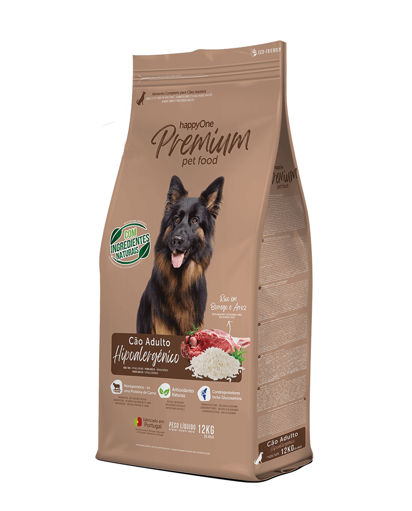 happyOne Adult Dog - Hypoallergenic z jagnięciną 12kg with a dog on the packaging and ingredients listed.